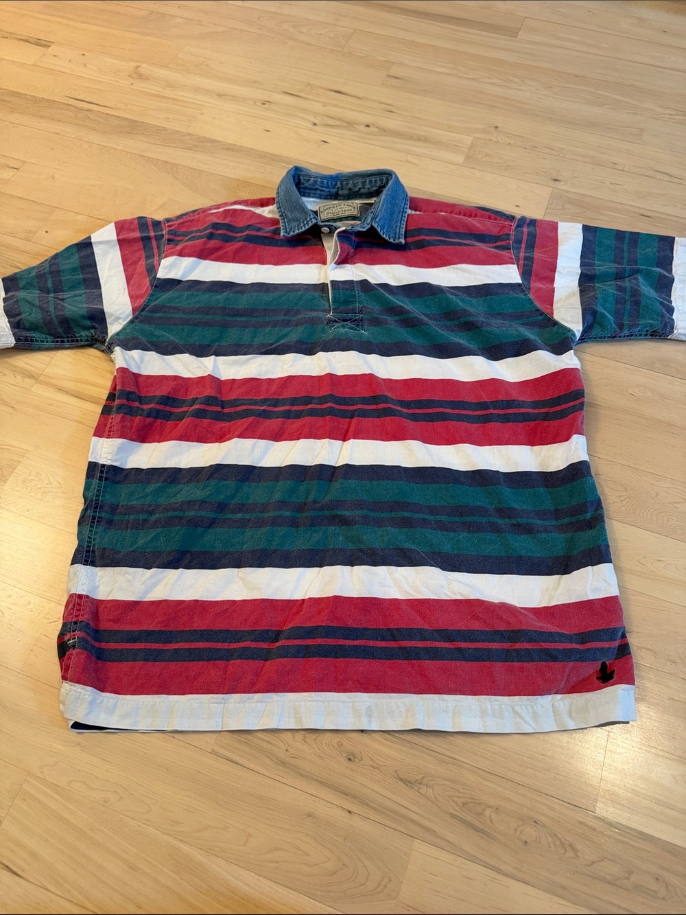 90s American Eagle Denim Collar Striped 100% Cotton Polo Shirt-M